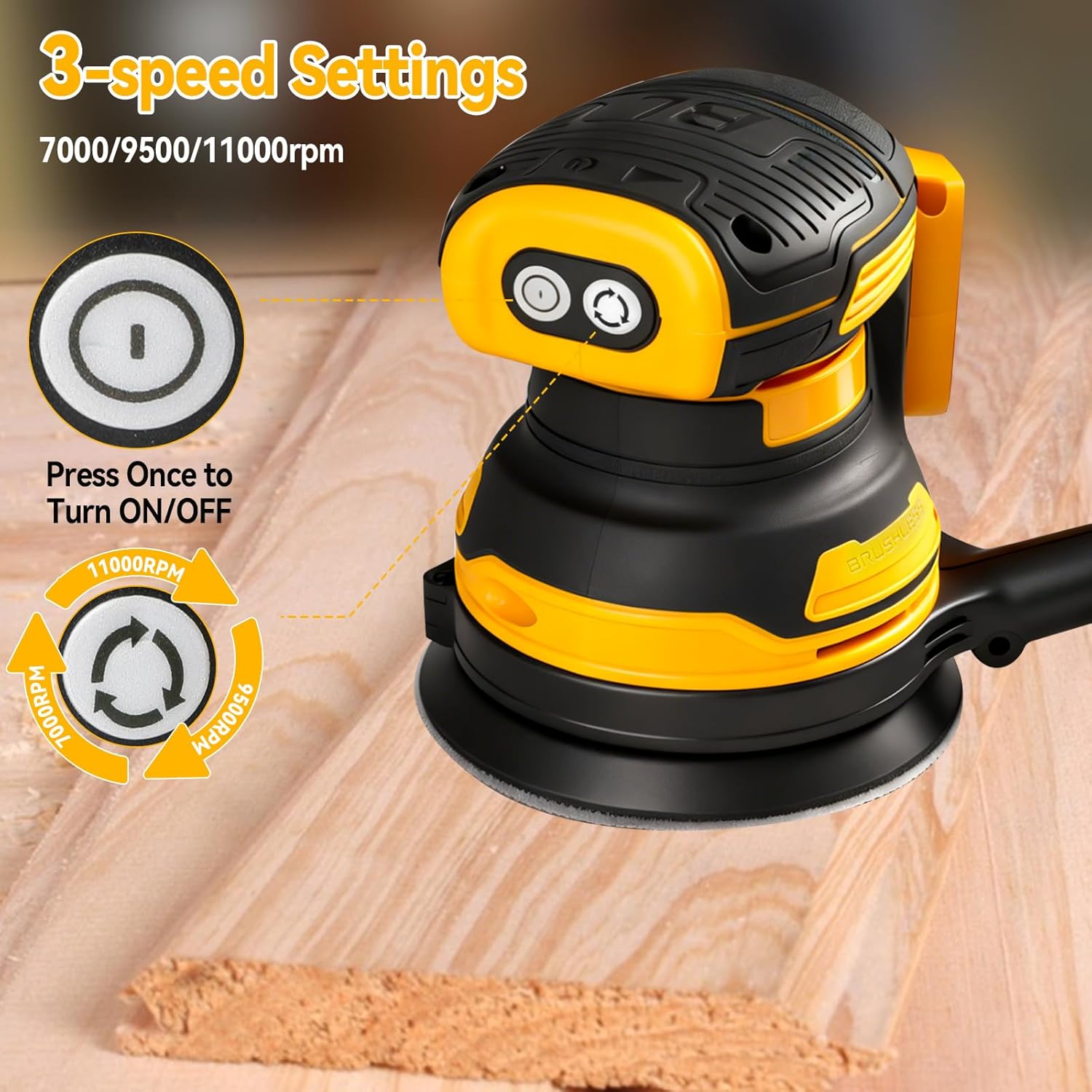 Cordless Orbital Sander for DeWalt 18V/20V Battery (Tool Only), 125mm Brushless, 3-Speed 11000 RPM with 20 Sandpapers - Image 3
