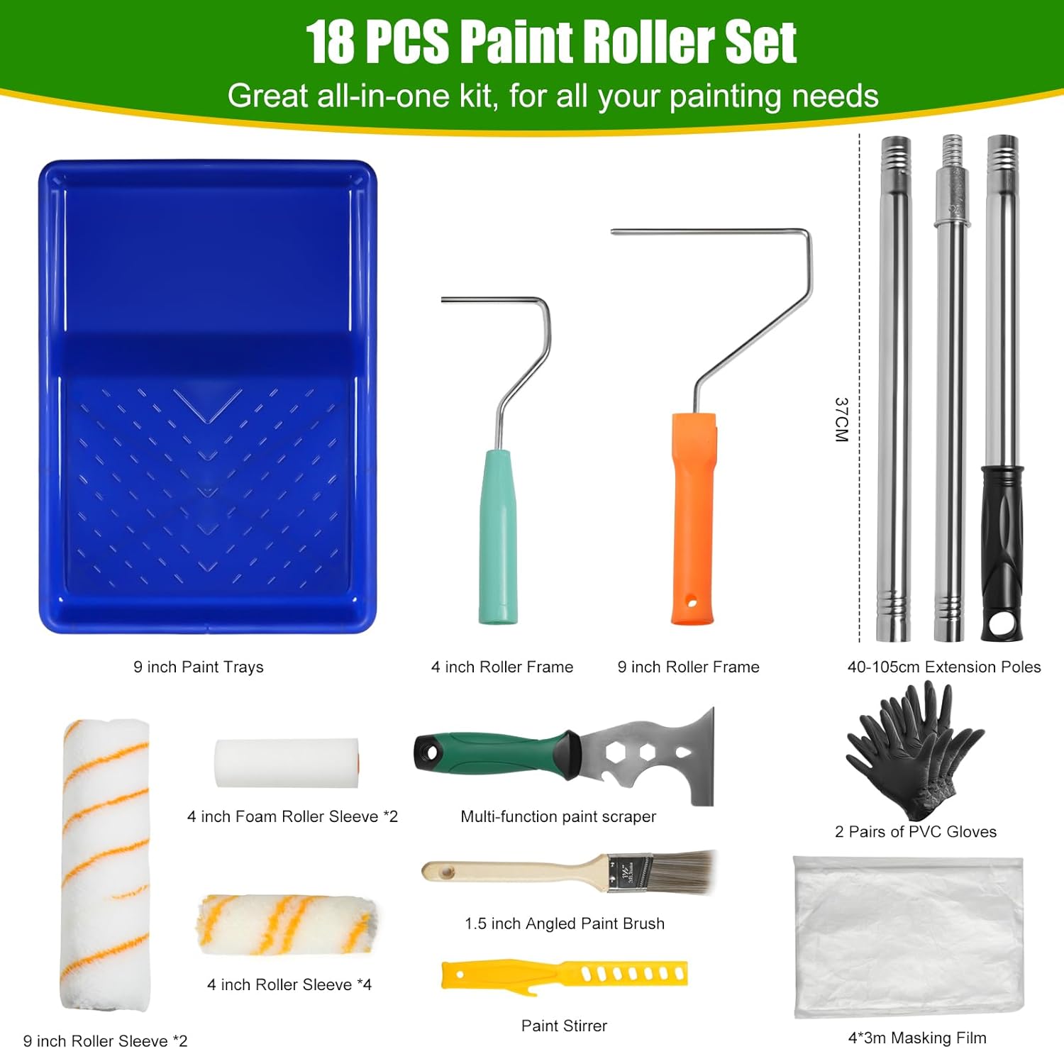 18PCS Paint Roller Kit, Extension Pole, Tray, Brush, Rollers, Scraper & Accessories for Walls, Ceilings & Edges - Image 2
