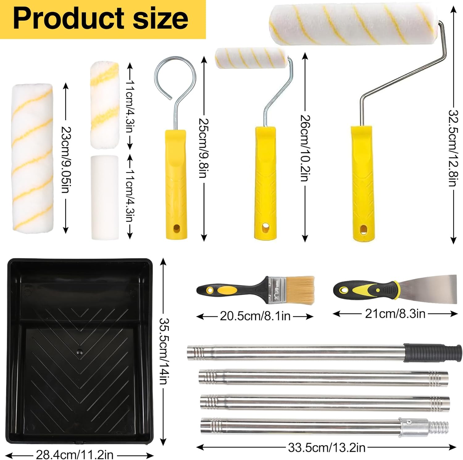 20PCS Paint Roller Set with 9” & 4” Rollers, 1.5m Extension Pole & Tray for Walls & Ceilings - Image 2