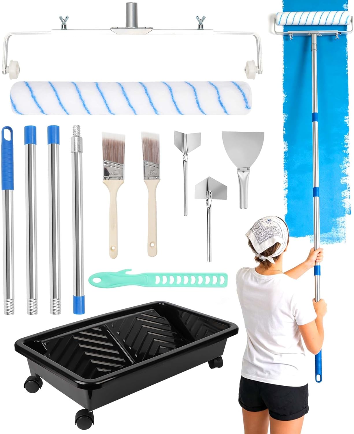 13PCS 18" Paint Roller Kit, Extension Poles, Roller Tray with Wheels, Brushes, Putty Knife & Mixer for Walls & Ceilings