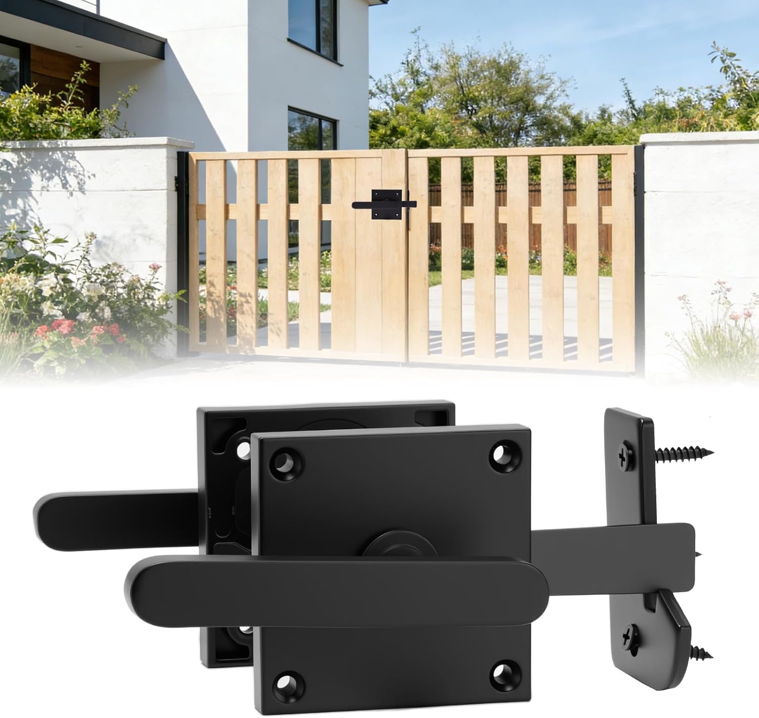 Double-Sided Gate Latch, Heavy Duty Aluminum Lock for Wooden Garden, Fence, Shed & Pool Gates (Black)