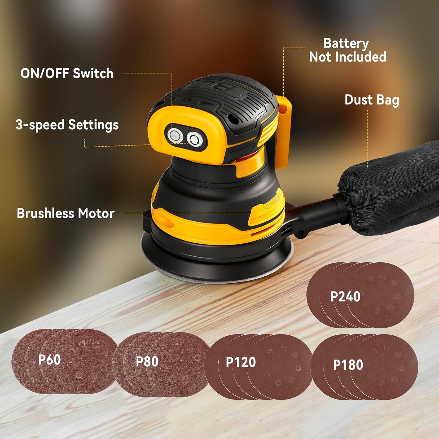 Cordless Orbital Sander for DeWalt 18V/20V Battery (Tool Only), 125mm Brushless, 3-Speed 11000 RPM with 20 Sandpapers - Image 2