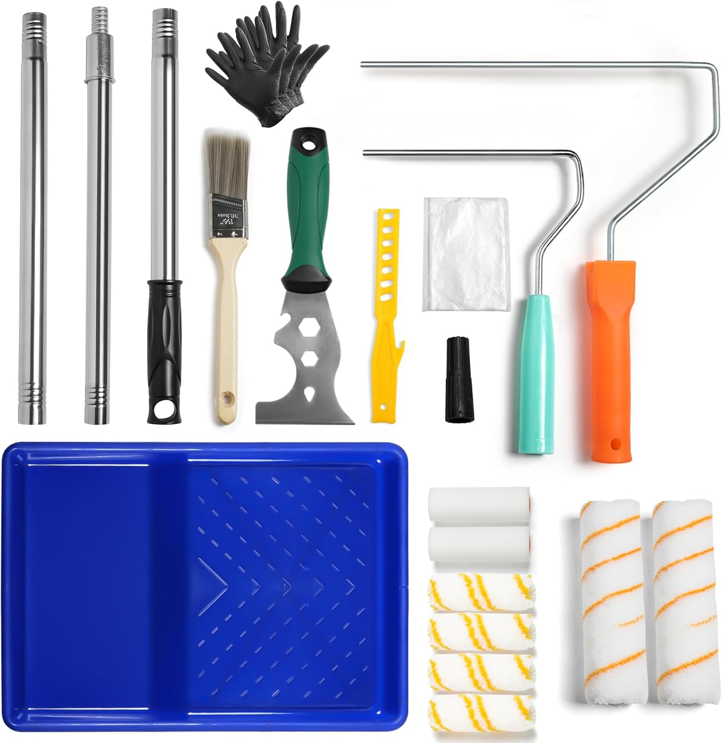 18PCS Paint Roller Kit, Extension Pole, Tray, Brush, Rollers, Scraper & Accessories for Walls, Ceilings & Edges