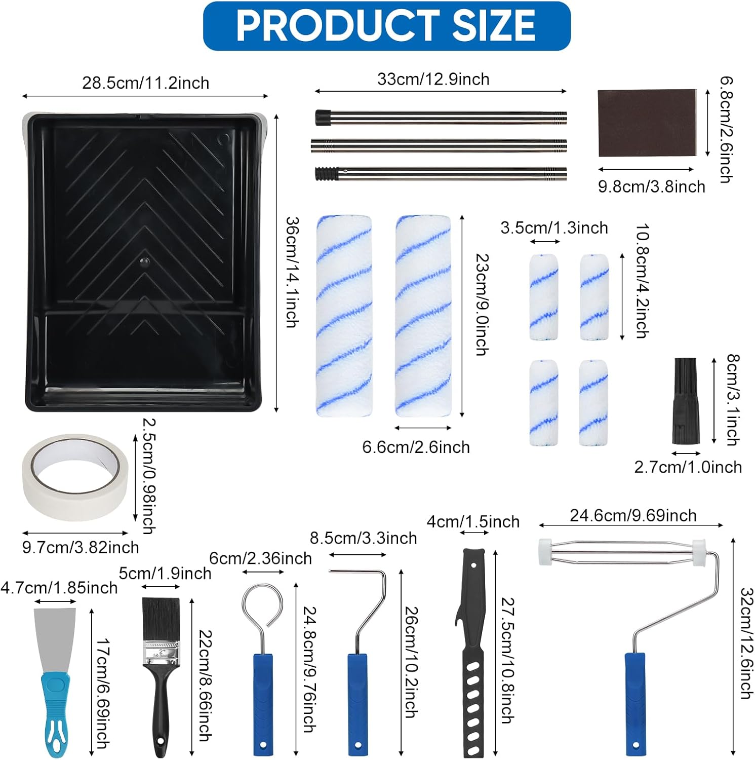 19PCS Paint Roller Kit, 9” & 4” Rollers, Extension Poles, Tray & Microfiber Covers for Walls, Ceilings & Trim - Image 2