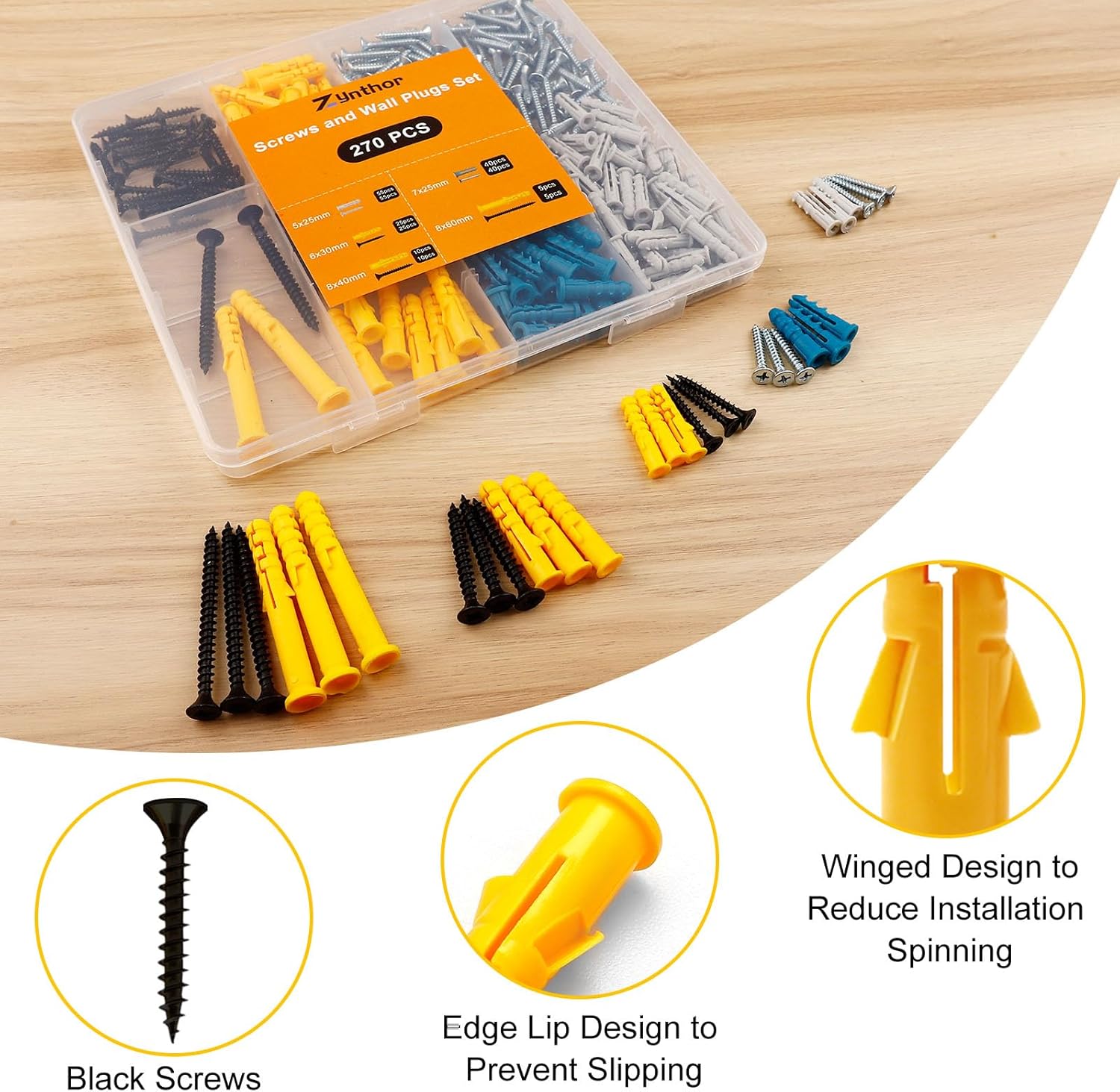 270PCS Wall Plugs & Screws Set, 5 Sizes Drywall Fixings Kit for Plasterboard, Concrete & Brick - Image 3