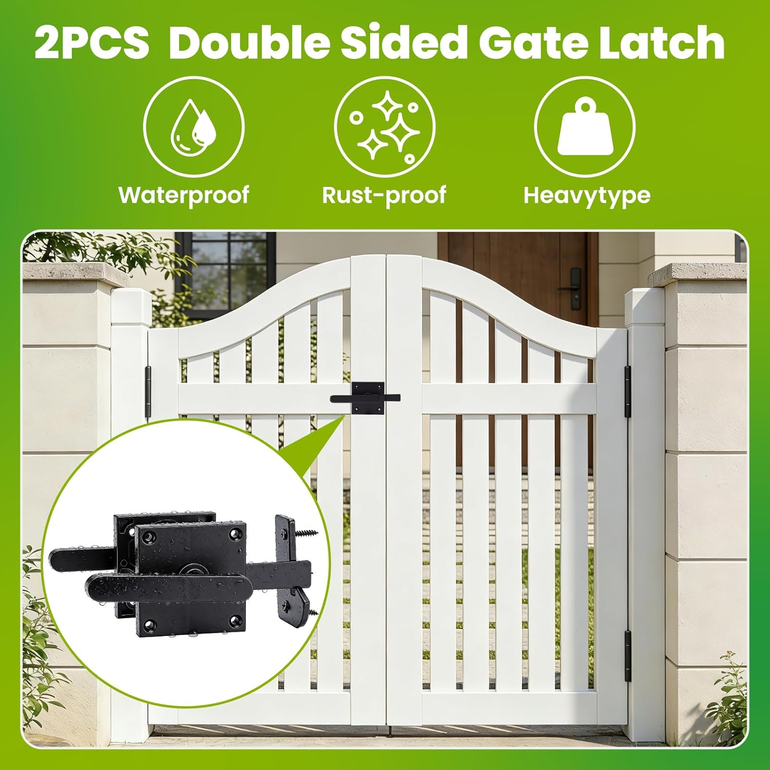 Double-Sided Gate Latch, Heavy Duty Aluminum Lock for Wooden Garden, Fence, Shed & Pool Gates (Black) - Image 2