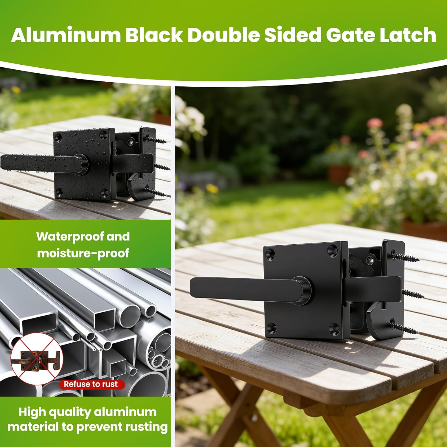 Double-Sided Gate Latch, Heavy Duty Aluminum Lock for Wooden Garden, Fence, Shed & Pool Gates (Black) - Image 3