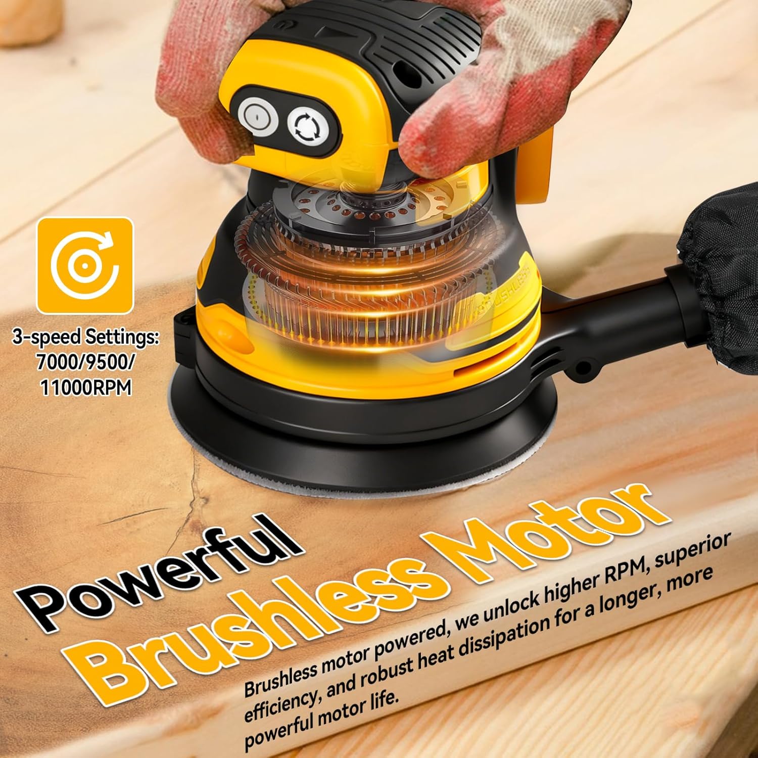 Cordless Orbital Sander for DeWalt 18V/20V Battery (Tool Only), 125mm Brushless, 3-Speed 11000 RPM with 20 Sandpapers - Image 4