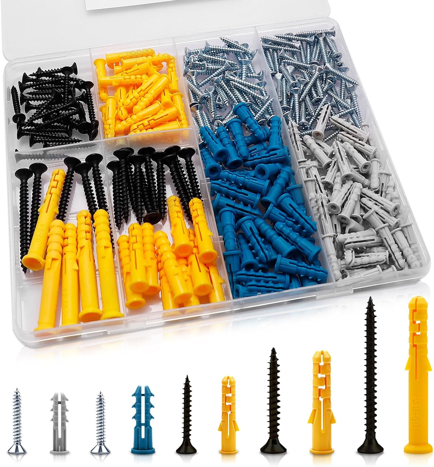 270PCS Wall Plugs & Screws Set, 5 Sizes Drywall Fixings Kit for Plasterboard, Concrete & Brick