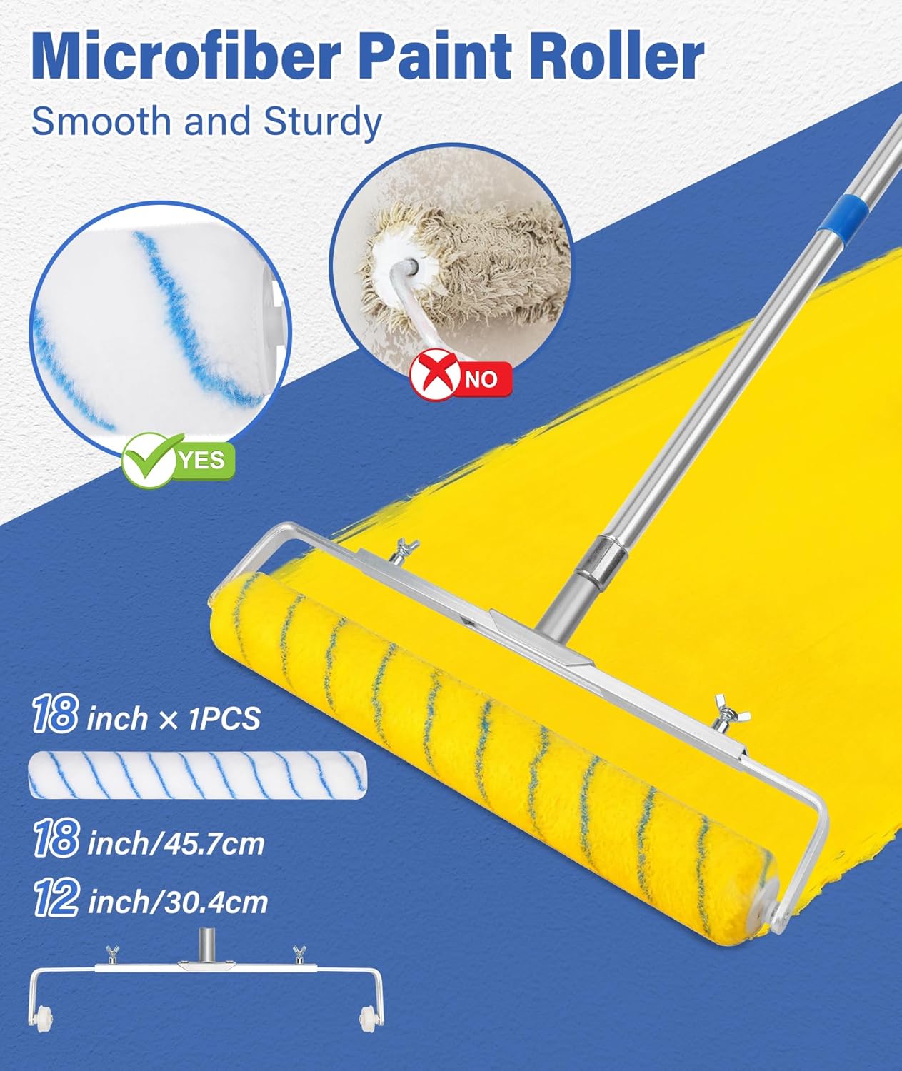 13PCS 18" Paint Roller Kit, Extension Poles, Roller Tray with Wheels, Brushes, Putty Knife & Mixer for Walls & Ceilings - Image 2